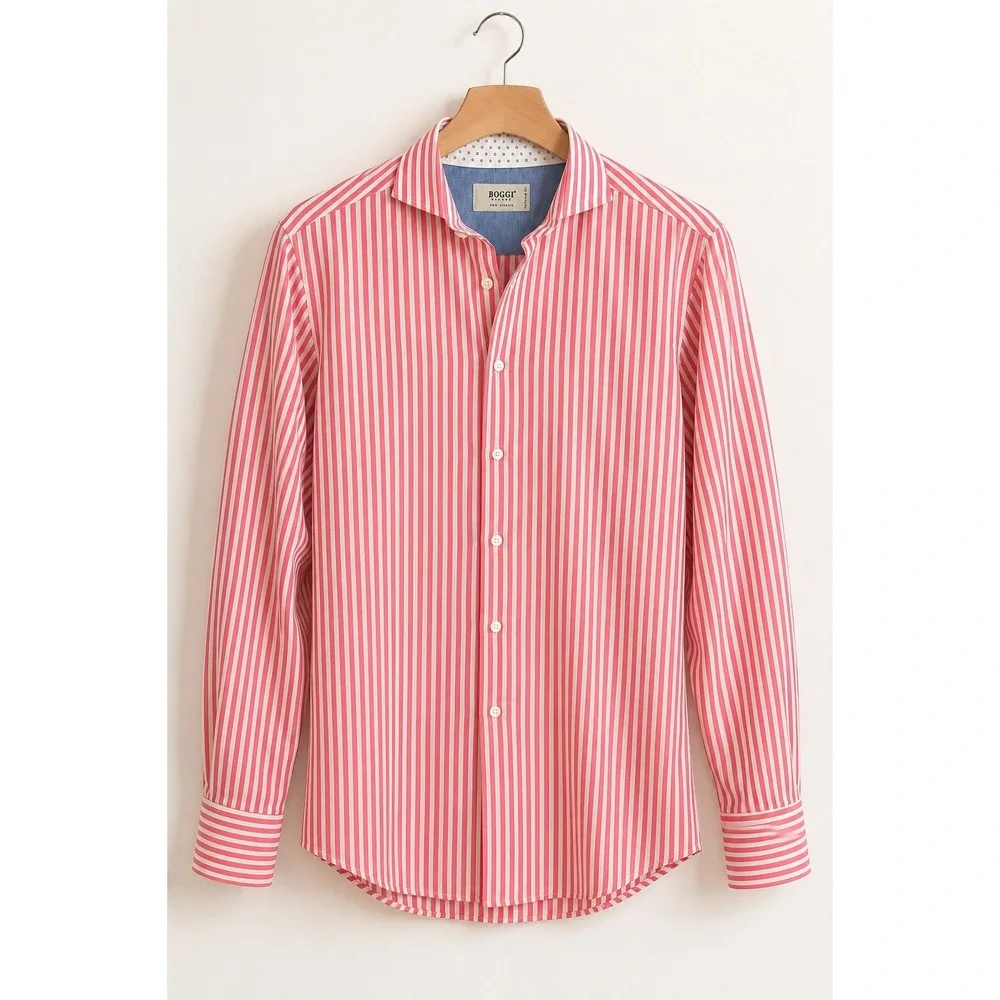 Boggi Milano Mens Pink White Striped Spread Collar Button Down New Classic Shirt